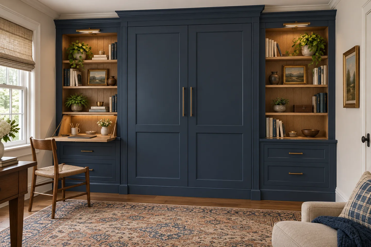 Concept visualization of a navy Murphy-bed cabinet wall with white-oak shelving