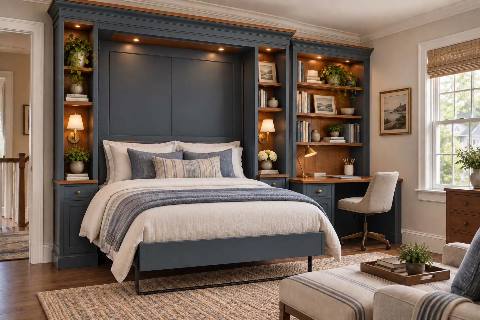 Concept visualization of a space-saving Murphy bed and desk
