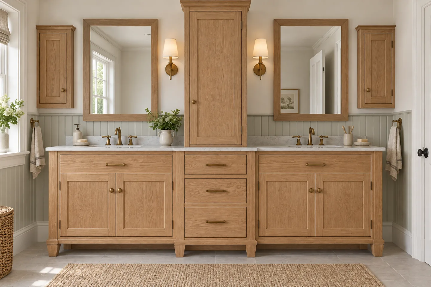 Concept visualization of a rift-sawn white-oak double bathroom vanity