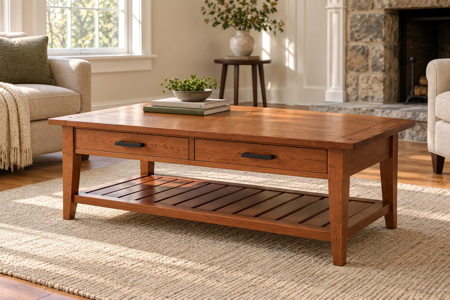 Concept visualization of a handcrafted cherry coffee table with drawers