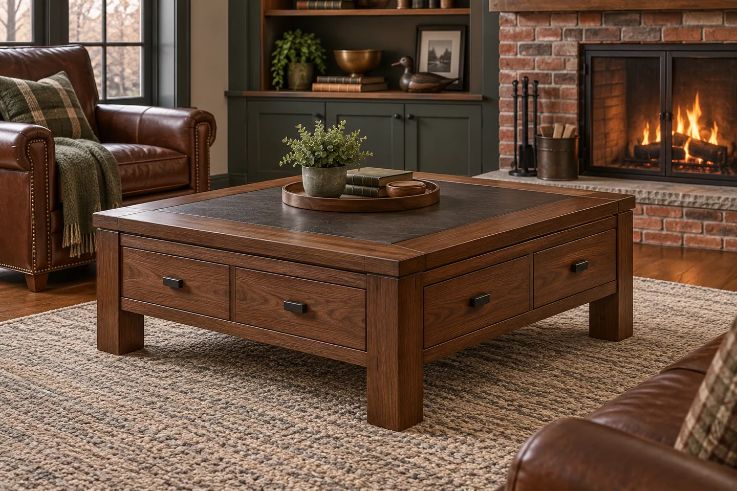Concept visualization of a dark-walnut storage coffee table in a New England den