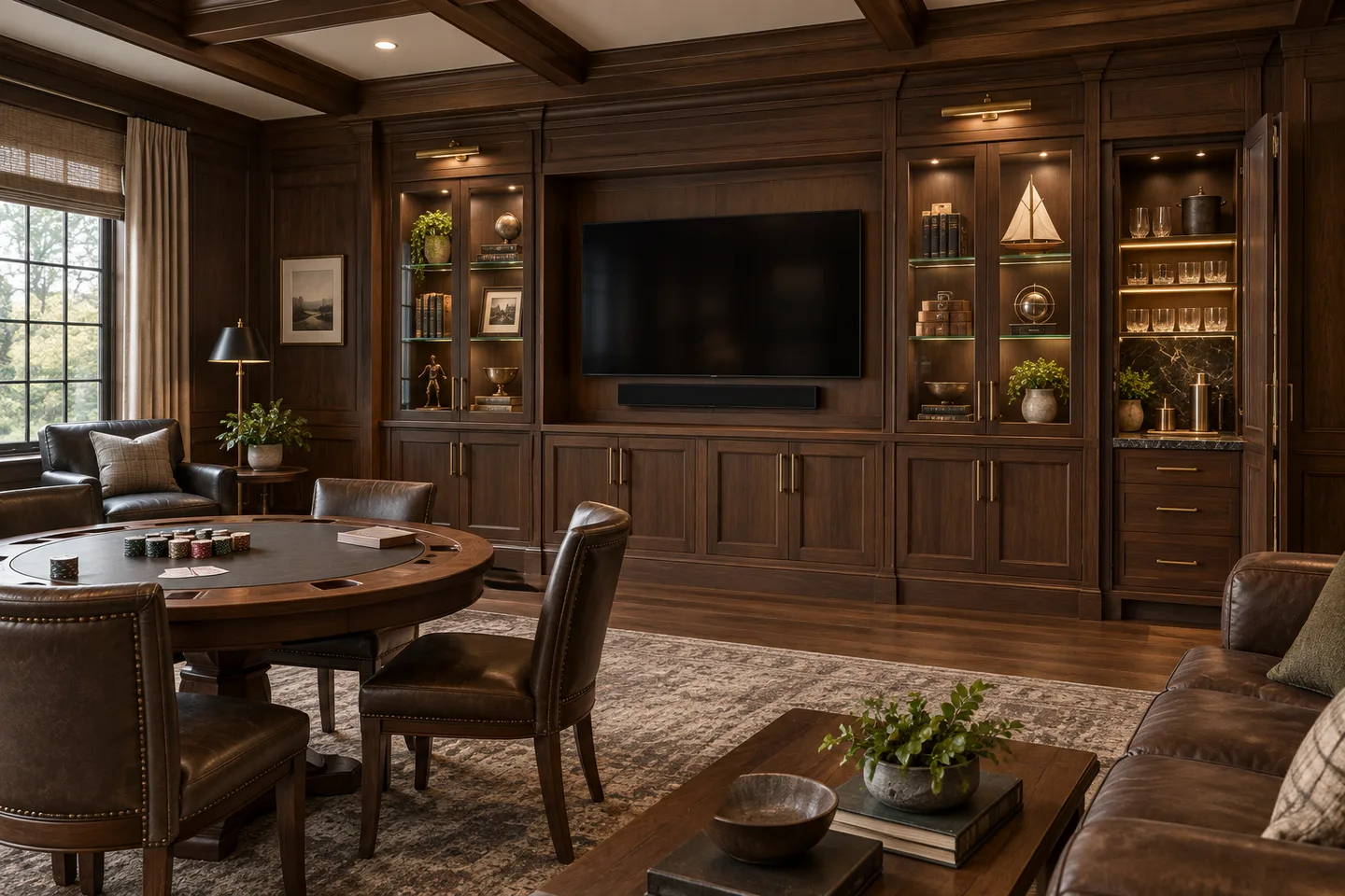Concept visualization of custom dark-walnut man-cave media cabinetry