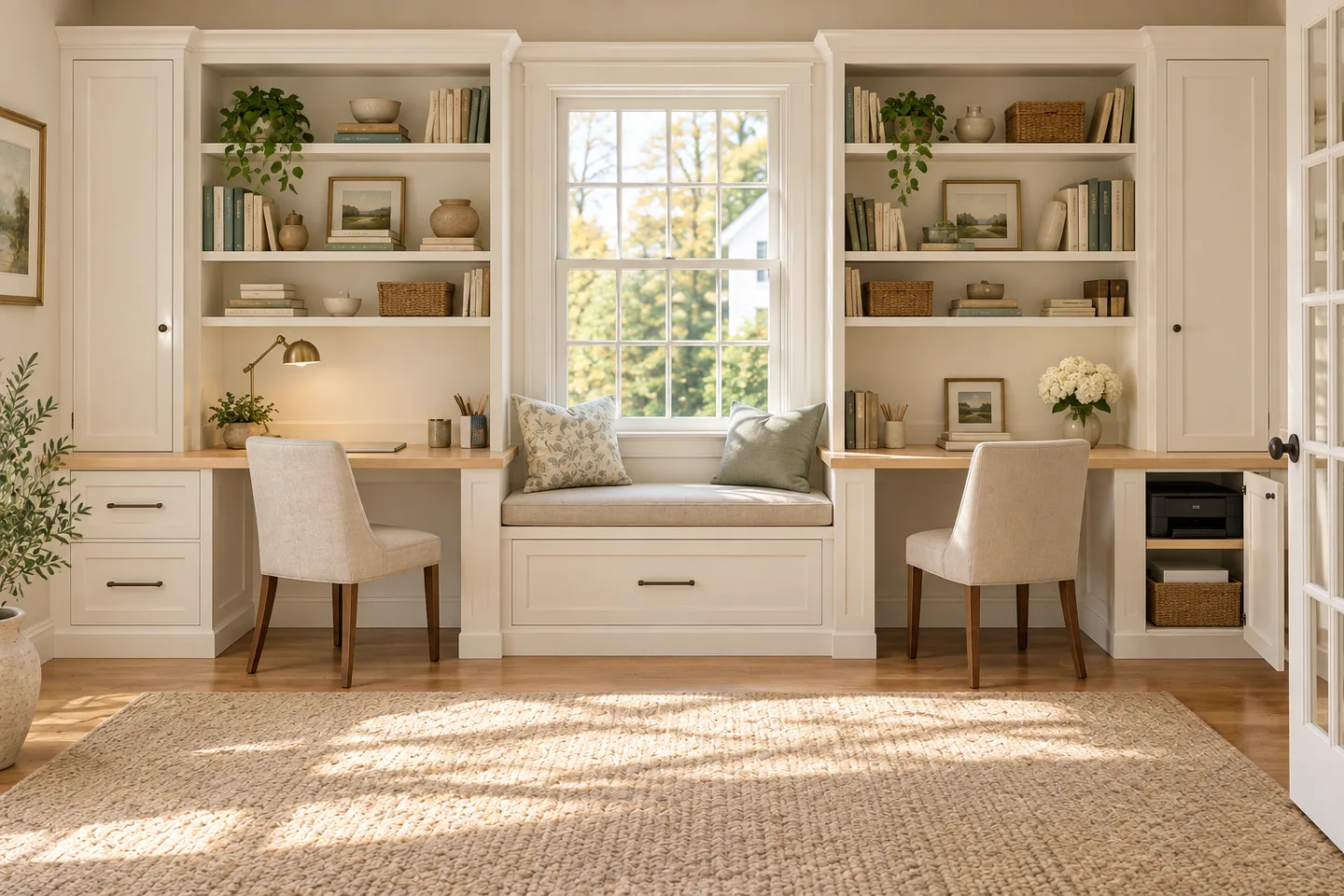 Concept visualization of a light painted New England home-office built-in