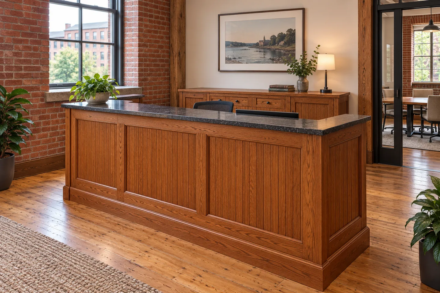 Concept visualization of a paneled oak commercial reception desk
