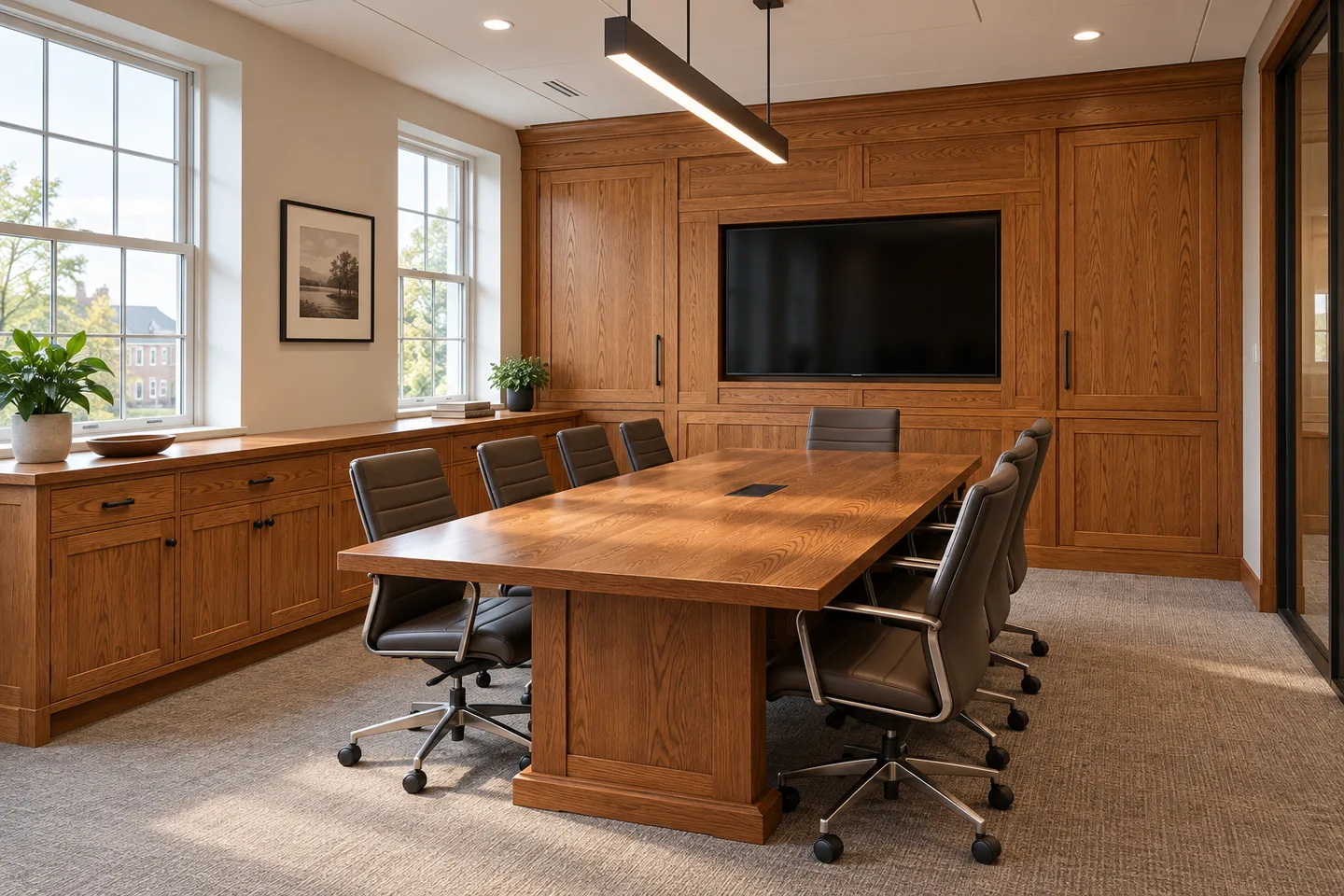 Concept visualization of custom oak conference-room millwork