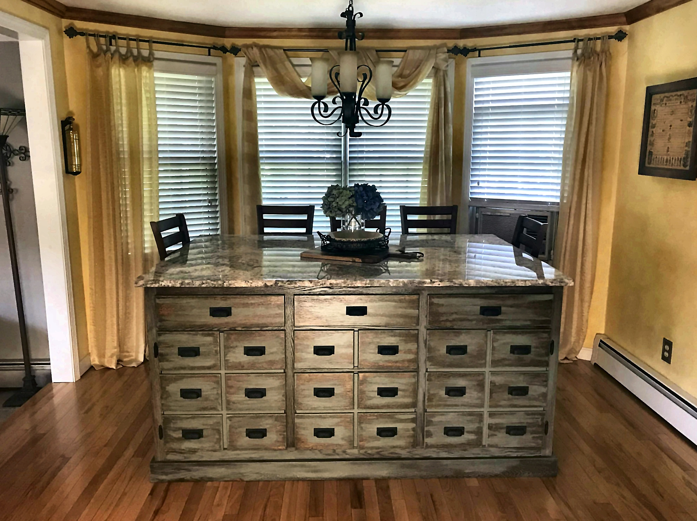 Wood cabinet with drawers in a finished interior