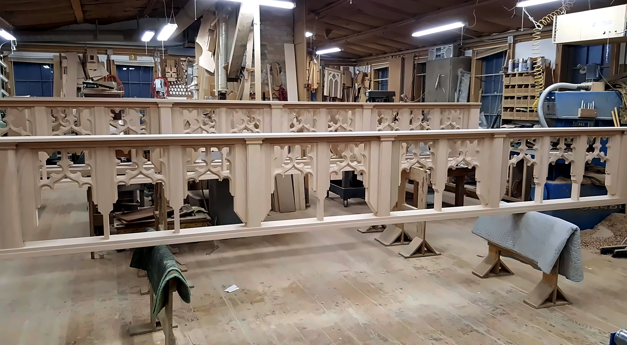 Large carved architectural railing in the shop